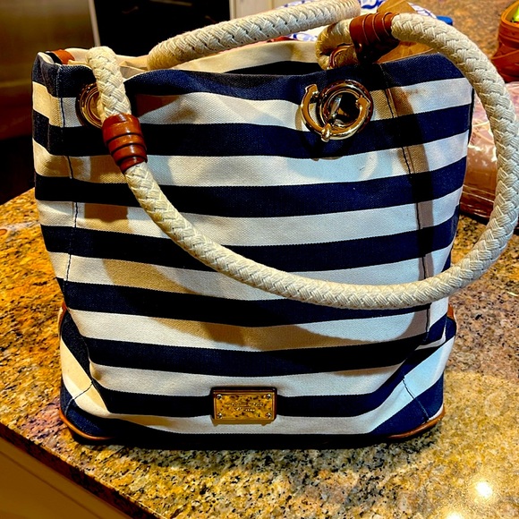 MICHAEL Michael Kors Handbags - MICHAEL KORS NAVY AND WHITE STRIPED NAUTICAL CANVAS TOTE WITH THICK ROPES